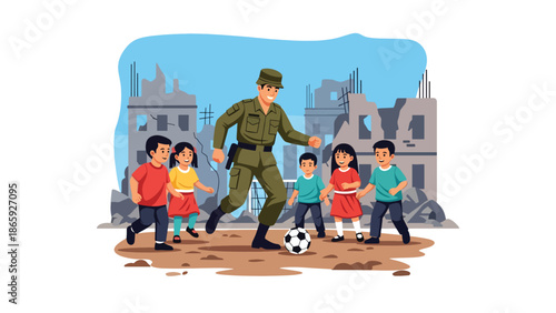 Soldiers playing soccer with local children, vector illustration showing humanity, joy, compassion, and positive community connection within military humanitarian missions