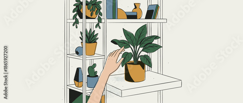 Person's hand gently touching a leaf of a potted houseplant on a modern white shelf filled with other plants, books, and decor in a minimalist illustration style