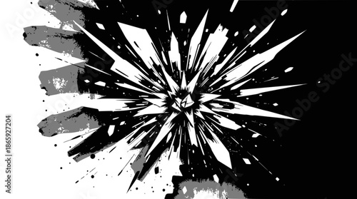 Abstract black and white image depicting an explosion of sharp white fragments radiating outwards from a central point.