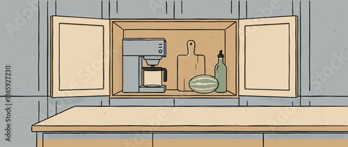 Open wooden kitchen cabinet containing a coffee maker, watermelon, and bottle in a quirky, minimalist graphic illustration style with bold outlines and halftone shading