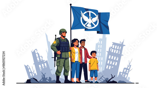 Soldier standing with civilians under peace symbol, flat vector illustration representing unity, humanity, compassion, and military commitment to peace and protection