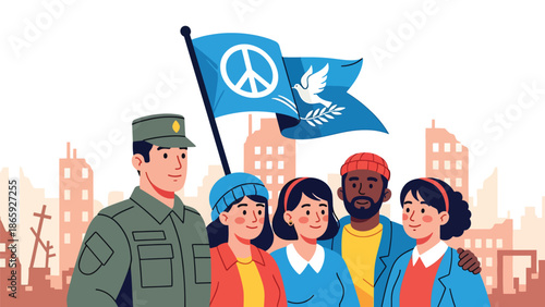 Soldier standing with civilians under peace symbol, flat vector illustration representing unity, humanity, compassion, and military commitment to peace and protection