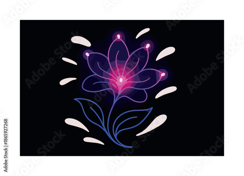 Vivid Flower Illustration. Blossom flare. A vivid flower forms from swirling lines; glowing highlights bloom at each petal tip. Smooth shapes drift outward.