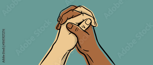 Two clasped hands with different skin tones in a graphic pop art style, a powerful visual metaphor for interracial unity, support, and human connection
