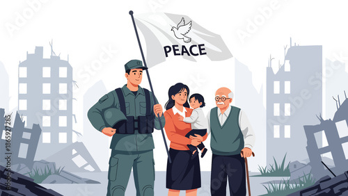 Soldier standing with civilians under peace symbol, flat vector illustration representing unity, humanity, compassion, and military commitment to peace and protection