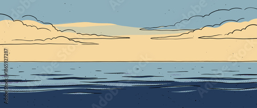 Comic book style illustrated seascape with a calm blue ocean under a cloudy yellow sky, featuring a hand-drawn aesthetic with bold outlines and a serene, minimalist mood