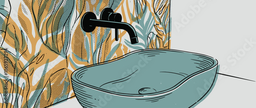 Modern blue vessel sink and a matte black wall-mounted faucet in a chic bathroom interior with a colorful, leafy wallpaper pattern, shown in a pop art illustration style