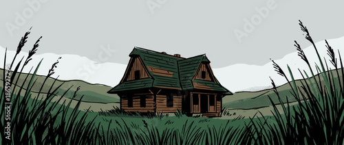 Rustic wooden cabin with a green roof and log walls is depicted in a graphic novel style illustration with halftone shading, nestled among rolling hills and tall grass