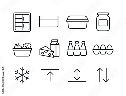 Fridge Organization Icons. Organizing fridge shelves. Line icon set of Organizing fridge shelves: fridge interior, shelf divider, food container, labeled jar,