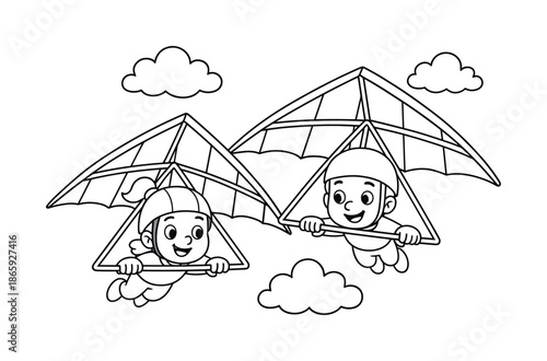 Hang Gliding Adventure. Hang gliding with a friend children?s coloring book illustration, outlined drawing, two cartoon hang gliders flying side by side in the