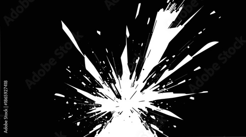 Abstract white explosion of sharp fragments on a dark black background, creating a dynamic burst effect.