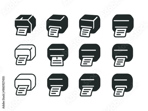 Shipping Printer Icons. Shipping label printer. Icon set. Set Logo of shipping label printer: packing slip icon. harmonious logo variations of the same