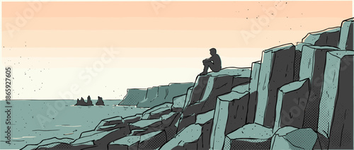 Lonely person's silhouette sitting on a rocky cliff edge overlooking the ocean in a contemplative comic book style illustration with a serene, pastel-colored sky