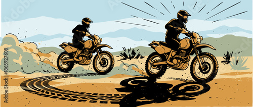 Two dirt bike riders in helmets race through a desert landscape, kicking up dust and leaving tire tracks in a dynamic, graphic comic book style illustration