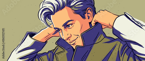 Confident young man with stylish two-tone hair pops the collar of his trench coat, looking down with a cool smirk in a pop art vector illustration