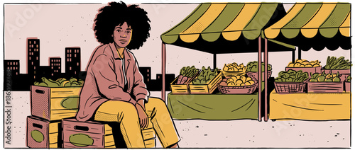 Young woman with an afro hairstyle sits on a wooden crate at an urban farmers' market stall in a retro comic book illustration style with a city skyline