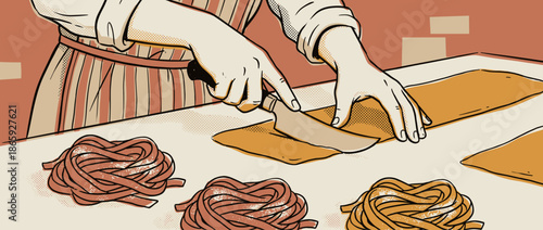 Person's hands in a striped apron cutting fresh homemade pasta dough with a knife, a retro-style illustration with nests of tagliatelle and halftone dot shading