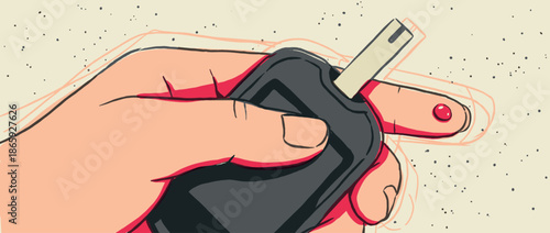 Modern black car key fob held in a hand with red nail polish, depicted in a hand-drawn, graphic illustration style with sketchy outlines and a vintage aesthetic