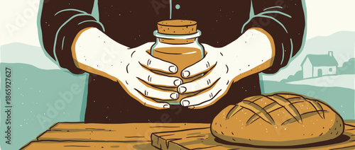 Hands carefully holding a glass jar of golden honey next to a rustic loaf of bread in a charming, hand-drawn illustration of simple country life