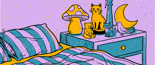 Whimsical hand-drawn nightstand next to a striped bed features a collection of fantasy objects like a mushroom lamp, cat, bear, fox, and moon, evoking a magical bedtime story