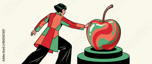 Stylish woman with short black hair in a colorful patchwork coat reaches out to touch a giant surreal apple with red and green swirls sitting on a pedestal