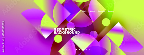 Vibrant abstract design features overlapping circles, squares. Bright colors blend, creating dynamic visual experience. Menu options present top right.