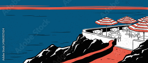 Seaside cafe terrace with striped umbrellas is perched on a rocky cliff overlooking a calm blue ocean during a beautiful sunset in this graphic style illustration