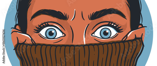 Graphic comic book style illustration of a person's intense face with wide blue eyes looking forward, their mouth and nose covered by a brown knitted turtleneck sweater