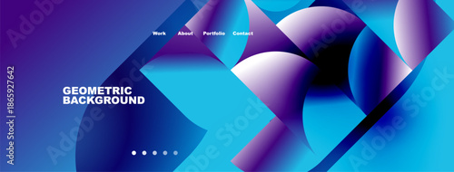Abstract geometric background. Blue, purple hues blend. Navigation menu present. Modern design, vibrant colors, sleek presentation.