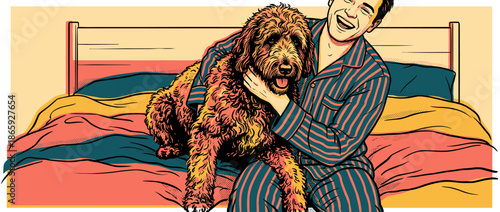 Happy laughing man in striped pajamas affectionately hugging his fluffy Goldendoodle dog while sitting together in a colorful bed, a joyful comic-style illustration of companionship