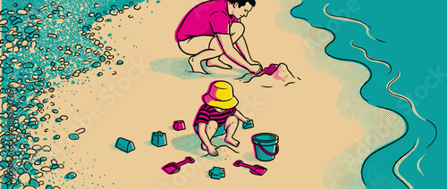 Father and child playing together on a sandy beach, building a sandcastle with toys near the ocean shore in a vibrant, graphic comic book illustration style