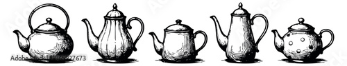 Hand drawn line art pot set featuring various designs for tea and coffee preparation
