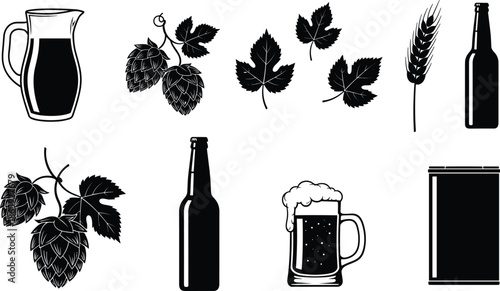 Beer brewing ingredients and equipment silhouette icon set with hops barley bottles mugs and cans isolated on white background