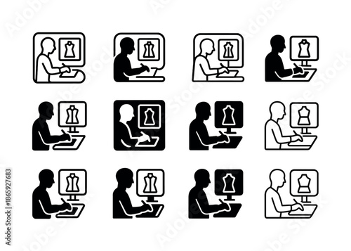 Fashion Design Icons. A designer creating a new collection on a computer with fashion design software. Icon set. Set Logo of A designer creating a