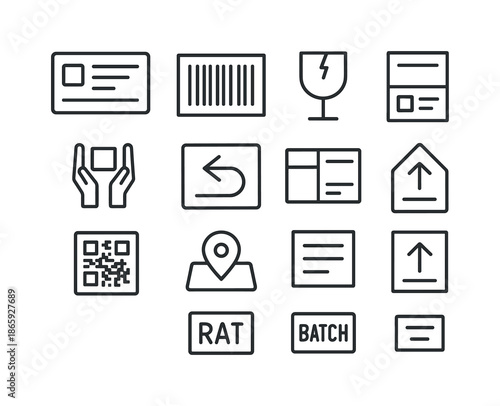 Shipping Label Icons. Shipping Labels. Line icon set of Shipping Labels: address label, barcode label, fragile label, handle-with-care label, return label,