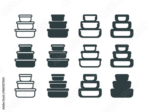 Fridge Organization Icons. Organizing fridge shelves. Icon set. Set Logo of organizing fridge shelves: neatly stacked containers. harmonious logo variations of
