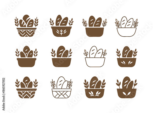 Bread Basket Icons. bread basket. Icon set. Set Logo of bread basket: wheat-decorated basket. harmonious logo variations of the same emblematic concept, each