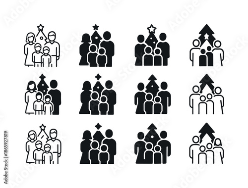 Christmas Family Icon Set. family taking a holiday photo in front of the christmas tree. Icon set. Set Logo of family taking a holiday photo in front of the