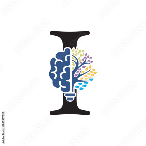 Brain Tree Logo  combine with letter I vector template