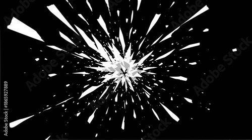 Abstract black and white explosion effect with sharp radiating fragments.
