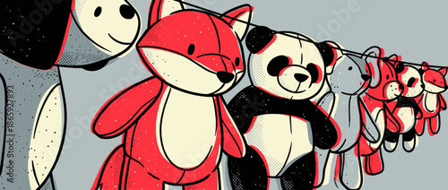 Collection of cute stuffed animal toys, including a red fox and panda bear, hanging in a line in a retro comic book style illustration with halftone textures