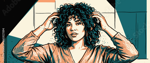 Beautiful woman with dark curly hair runs her hands through her voluminous hairstyle in a stylish comic book illustration with a confident and direct gaze