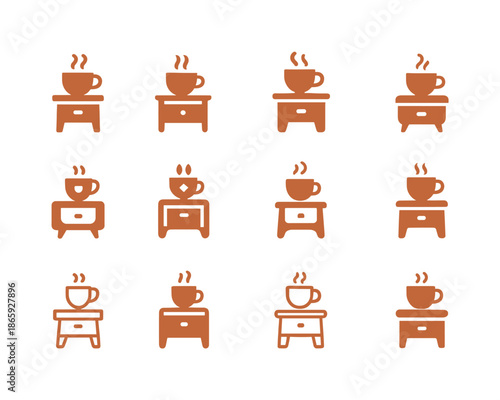 Bedside Cup Icons. A warm cup of tea or milk by the bedside. Icon set. Set Logo of a warm cup of tea or milk by the bedside: bedside table with cup. harmonious