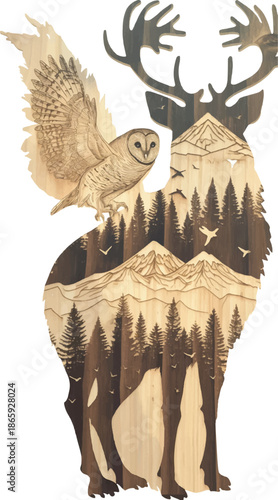 Wilderness Fusion: A captivating artistic rendition blending a majestic deer with a perched owl, creating a layered, multi-dimensional display that celebrates the splendor of the wilderness. 