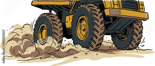 Powerful yellow heavy-duty dump truck illustration shows its large wheels kicking up clouds of dust while driving on a dirt road in a dynamic, low-angle perspective