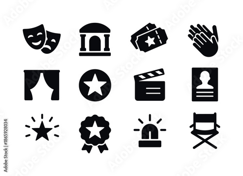 Theatrical Icons Grid. Theatrical symbols. Solid icon set of Theatrical symbols: comedy and tragedy masks, stage arch, theater tickets, clapping hands, red
