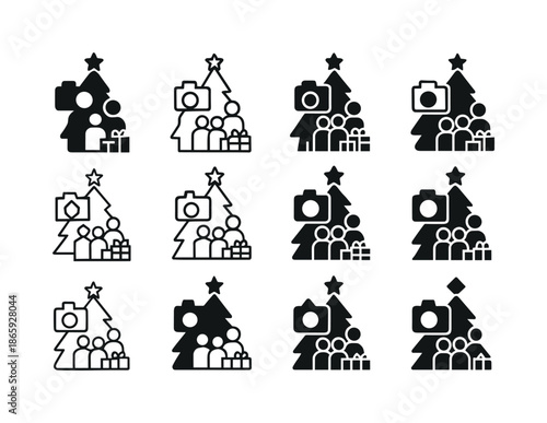 Family Christmas Icons. family taking a holiday photo in front of the christmas tree. Icon set. Set Logo of family taking a holiday photo in front of the
