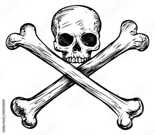 Hand drawn line art illustration of a skull and crossbones symbol depicting danger and piracy for a Halloween or pirate theme