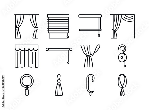 Window Treatment Icons. Window treatments. Line icon set of Window treatments: curtain, blind, shade, drape, valance, rod, tieback, pulley, ring, tassel, hook,