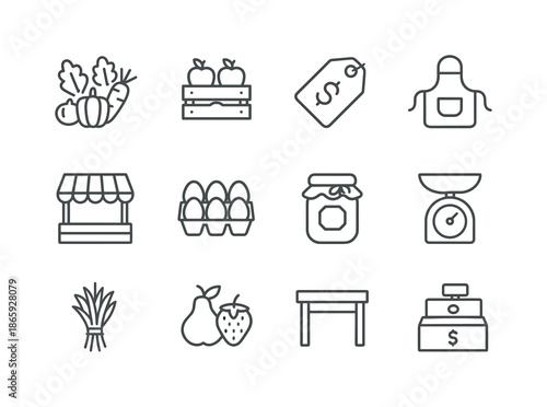 Farmer's Market Icons. Farmer?s market. Line icon set of Farmer?s market: organic veggies icon, apple crate, price tag sign, vendor apron, rustic stall roof,